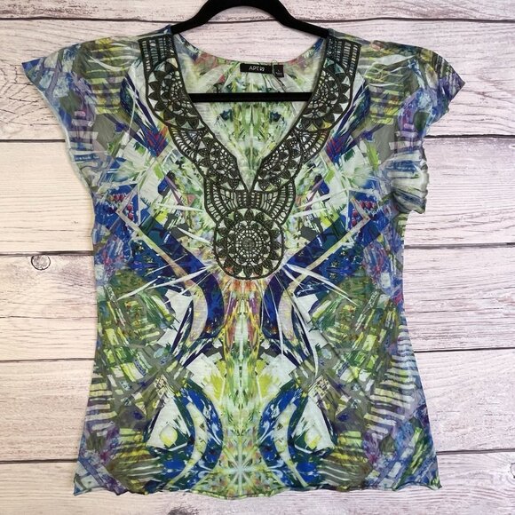 Apt 9 Blouse Size L Tie-Dye Green Blue Crochet Overlay Rhinestones V-Neck Y2K - Picture 1 of 12